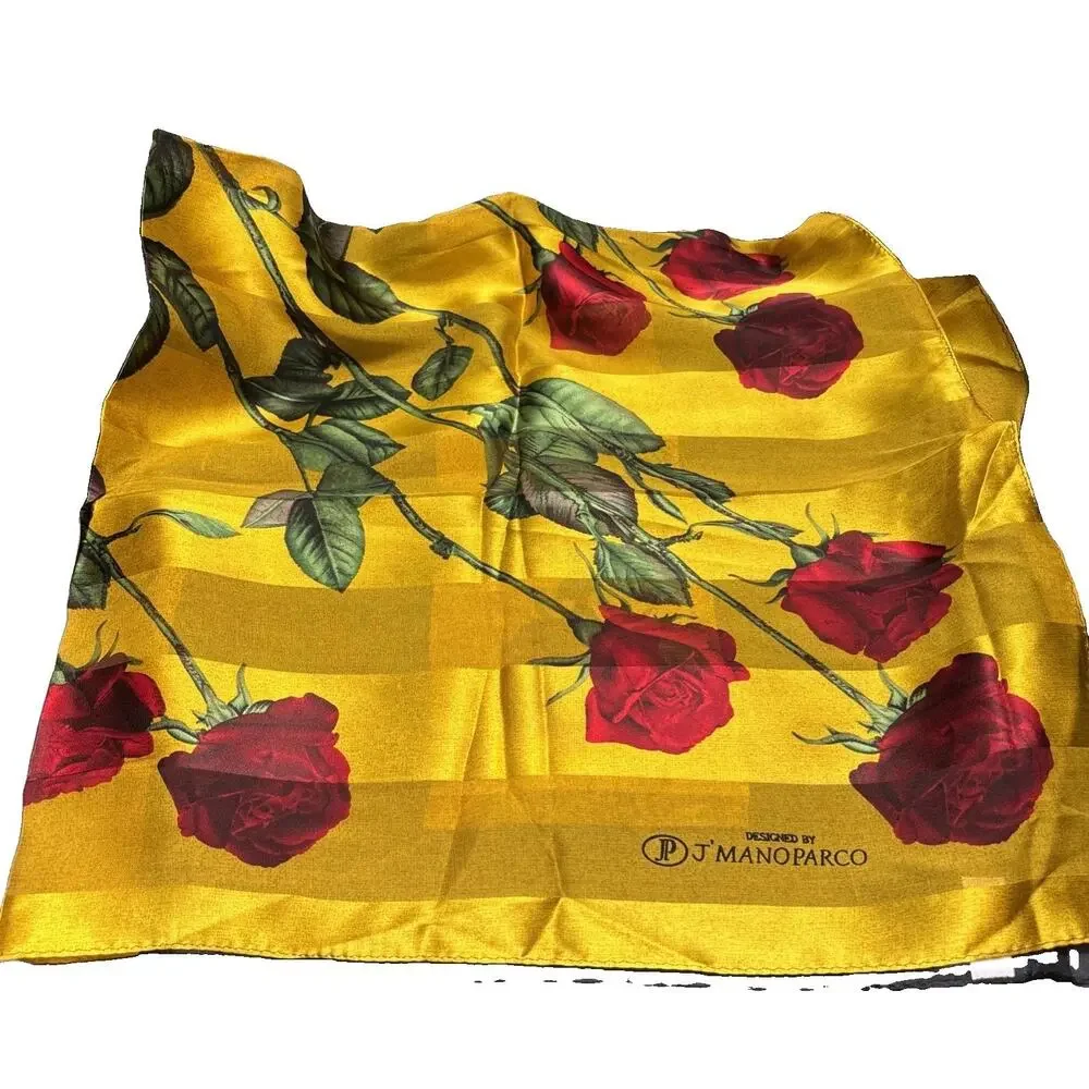New Hand Rolled Gorgeous 100% Silk Red Roses Scarf By J’Mano Parco Korea 34”x34”